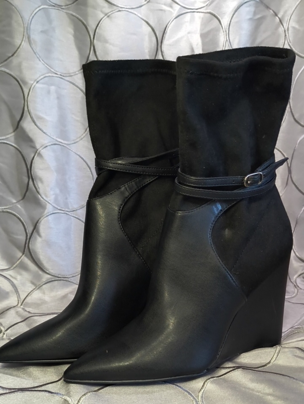 Guess Black Mixed-Material Wedge Ankle Boot Size 6